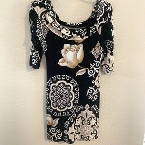 White House Black Market Dress Small Off the Shoulder Black Floral Mini